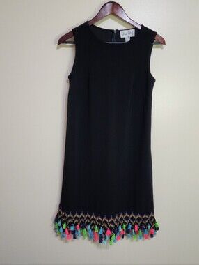 Joseph Ribkoff Black Knit Sheath Dress W/ Tassels - Size 4 Neon Multicolor Fun